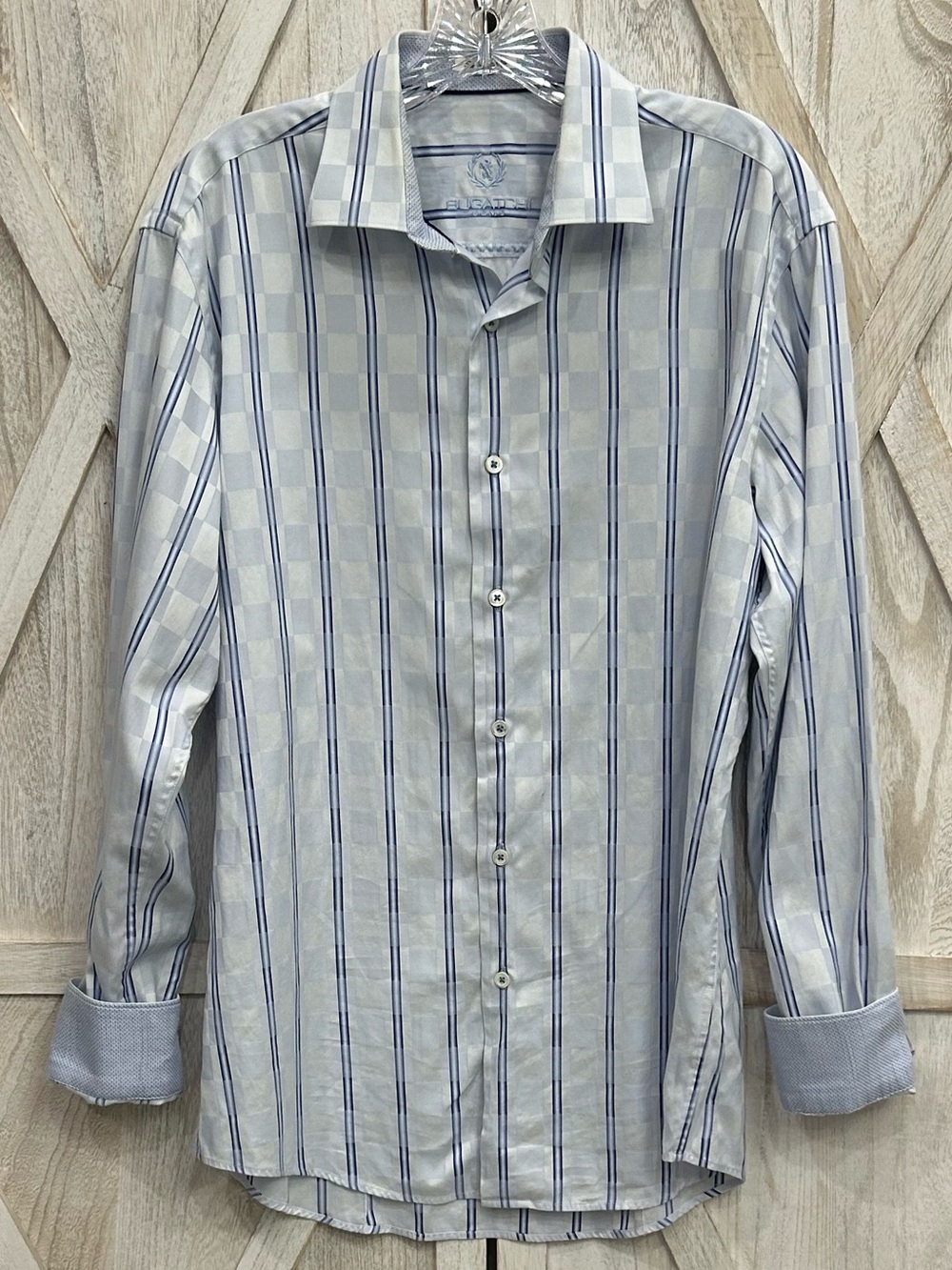 Bugatchi Mens Shirt Uomo Sharpen Fit 100% Cotton Blue and White Striped Large